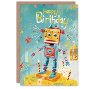 Artery8 Personalised Birthday Card Cute Robot Orange Blue Red Fun For Child Kids Son Daughter Greeting Card