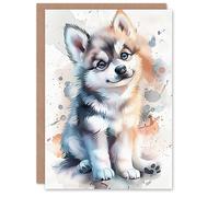 Artery8 Personalised Birthday Card Dog Lover Cute Husky Puppy Watercolour For Child Kids Son Daughter Greeting Card