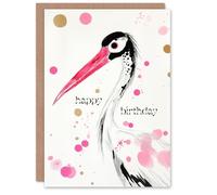Artery8 Personalised Birthday Card Oriental Stork Pink Gold Black Bird Drawing For Him Or Her Art Card