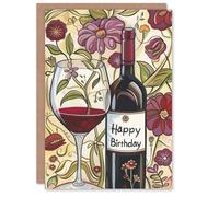 Artery8 Personalised Birthday Card Red Wine Bottle and Glass Floral Design For Him Her Man Woman Greeting Card