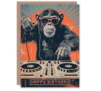Artery8 Personalised Birthday Card Retro DJ Chimp Sunglasses Ape Decks For Him Man Male Dad Brother Son Papa Grandad Greeting Card