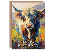 Artery8 Personalised Birthday Card Scottish Highland Cow Oil Painting For Him Man Male Dad Brother Son Papa Grandad Greeting Card