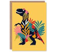 Artery8 Personalised Botanical T Rex Dinosaur Bright Graphic Collage For Child Kids Birthday Card