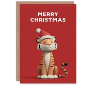 Artery8 Personalised Christmas Card Cute Cartoon Style Tiger Wearing Santa Hat