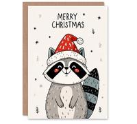 Artery8 Personalised Christmas Card Cute Happy Kawaii Cartoon Racoon In Santa Hat