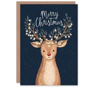 Artery8 Personalised Christmas Card Cute Rudolph Red Nosed Reindeer With Fairy Lights
