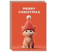 Artery8 Personalised Christmas Card Ginger Cat Lover Cute Kitten Wearing Knitted Hat
