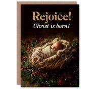 Artery8 Personalised Christmas Card Rejoice Christ is Born Baby Jesus Holly and Pine