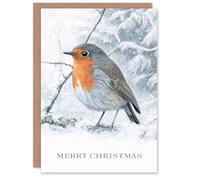 Artery8 Personalised Christmas Card Robin Bird on Snowy Tree Branch Painting