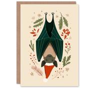 Artery8 Personalised Christmas Card Upside Down Bat in Santa Hat With Holly and Pine