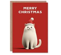 Artery8 Personalised Christmas Card White Cat Lover Cute Pet Wearing Santa Hat