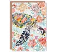 Artery8 Personalised Colourful Sea Turtle Marine Flowers Watercolour For Her Woman Birthday Card