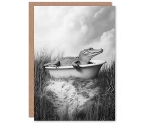 Artery8 Personalised Cute Alligator in Bathtub Black White Fun Cheeky For Him Or Her Art Birthday Card