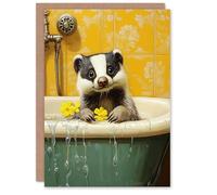 Artery8 Personalised Cute Badger in Bathtub Yellow Daisy Theme Bath For Her Woman Birthday Card