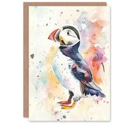 Artery8 Personalised Cute Puffin Bird Colourful Watercolour Portrait For All Him Or Her Art Birthday Greeting Card