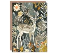 Artery8 Personalised Deer in Autumn Forest Wildflowers Animal Folk Art Blank For All Him Or Her Art Birthday Greeting Card