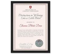 Artery8 Personalised Fun Fake Certificate Award with Distinction in Whining Funny Gag Roast Fun Joke Complainer A4 Black Framed Diploma Novelty Award