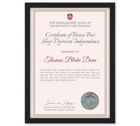 Artery8 Personalised Fun Fake Certificate Brave Sleep-Deprived Independence Funny Gag Fun Joke Self-Employed A4 Black Framed Diploma