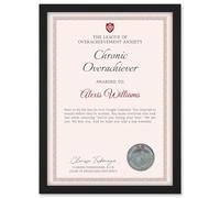 Artery8 Personalised Fun Fake Certificate Chronic Overachiever Funny Gag A4 Black Framed Work Office Diploma Novelty Award