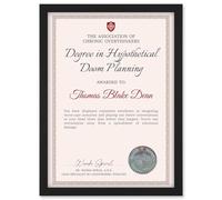 Artery8 Personalised Fun Fake Certificate Degree in Hypothetical Doom Planning Funny Gag Roast Fun Joke Overthinker A4 Black Framed Diploma Novelty Award