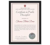 Artery8 Personalised Fun Fake Certificate in Public Discomfort Funny Gag Roast Fun Joke Annoying Habits A4 Black Framed Diploma Novelty Award