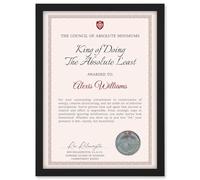 Artery8 Personalised Fun Fake Certificate King of Doing The Absolute Least Funny Gag A4 Black Framed Work Office Diploma Novelty Award