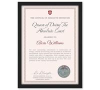 Artery8 Personalised Fun Fake Certificate Queen of Doing The Absolute Least Funny Gag A4 Black Framed Diploma Novelty Award