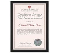 Artery8 Personalised Fun Fake Certificate Serving a Non-Human Overlord Funny Gag Fun Joke Pet Owner A4 Black Framed Diploma Novelty Award