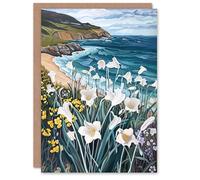 Artery8 Personalised Greeting Card Aberdaron Coastal Wales Daffodils Hills Painting For Him Or Her Art Birthday Card