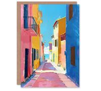 Artery8 Personalised Greeting Card Mediterranean Street Spain Painting Seaside For Him Or Her Art Birthday Card