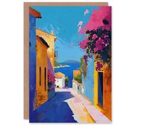 Artery8 Personalised Greeting Card Santorini Seaside Coastal Town Painting Colourful For Him Or Her Art Birthday Card