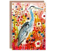 Artery8 Personalised Heron Bird in Colourful Abstract Flower Field For Him Or Her Art Birthday Card