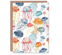 Artery8 Personalised Jellyfish Blue Pink Orange Bright Watercolour For Him Or Her Art Birthday Card