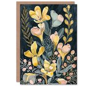 Artery8 Personalised Ochre Freesia Flowers Painting Dark Wildflowers For Her Woman Birthday Greeting Card