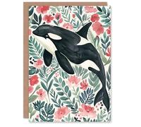 Artery8 Personalised Orca Killer Whale Flower Sea Watercolour Floral For Her Woman Birthday Card