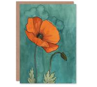 Artery8 Personalised Poppy Flower Bloom Teal Orange Floral Watercolour Blank For Him Or Her Art Birthday Card