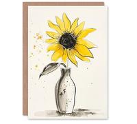Artery8 Personalised Single Sunflower in Vase Yellow Grey Watercolour For Him Or Her Art Birthday Card