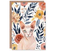 Artery8 Personalised Sphynx Cat Lover Floral Watercolour Portrait For Her Woman Birthday Card