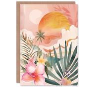 Artery8 Personalised Tropical Pink Beach Sunset Palm Orchids Abstract For Him Or Her Art Birthday Card