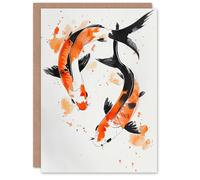 Artery8 Personalised Two Japanese Koi Carp Fish Ink Splat Watercolour For Him Or Her Art Birthday Card