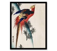 Artery8 Pheasant & Small Pine Vintage Japan Framed Wall Art Print Hiroshige in Red | Size: W12" x H16" Artery8 Red W12" x H16"