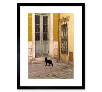 Artery8 Photo Black Cat Contrast Yellow Brick Old Door 12x16" Framed Art Print | Size: W12" x H16" Artery8 Yellow W12" x H16"