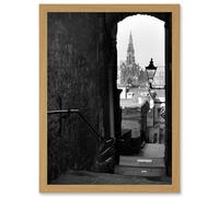 Artery8 Photo Cityscape Edinburgh Royal Mile Lane Black White Scotland Artwork Framed Wall Art Print A4 in Light Oak Artery8 Light Oak