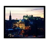 Artery8 Photo Cityscape Skyline Edinburgh Castle Sunset Dusk Framed Art Print | Size: W12" x H16" Artery8 Multicolor W12" x H16"