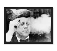 Photo JFK John F Kennedy Smoking Cigar US President Picture A4 Artwork Framed Wall Art Print Artery8 Black One Size