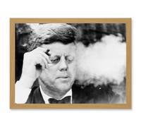Photo JFK John F Kennedy Smoking Cigar US President Picture A4 Artwork Framed Wall Art Print Artery8 Light Oak One Size