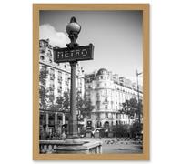 Photo Landmark Classic Metro Sign Paris France Subway Black White Artwork Framed Wall Art Print A4 Artery8 Light Oak One Size
