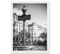 Photo Landmark Classic Metro Sign Paris France Subway Black White Artwork Framed Wall Art Print A4 Artery8 White One Size