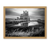 Artery8 Photo Landscape Whitby Abbey Ruin England UK Black White Artwork Framed Wall Art Print A4 in Light Oak Artery8 Light Oak