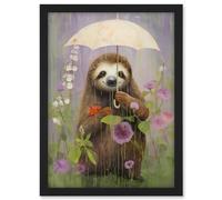 Artery8 Picking Flowers in the Rain Oil Painting Cute Sloth with an Umbrella in a Wildflower Meadow Kids Bedroom Artwork Framed A3 Wall Art Print